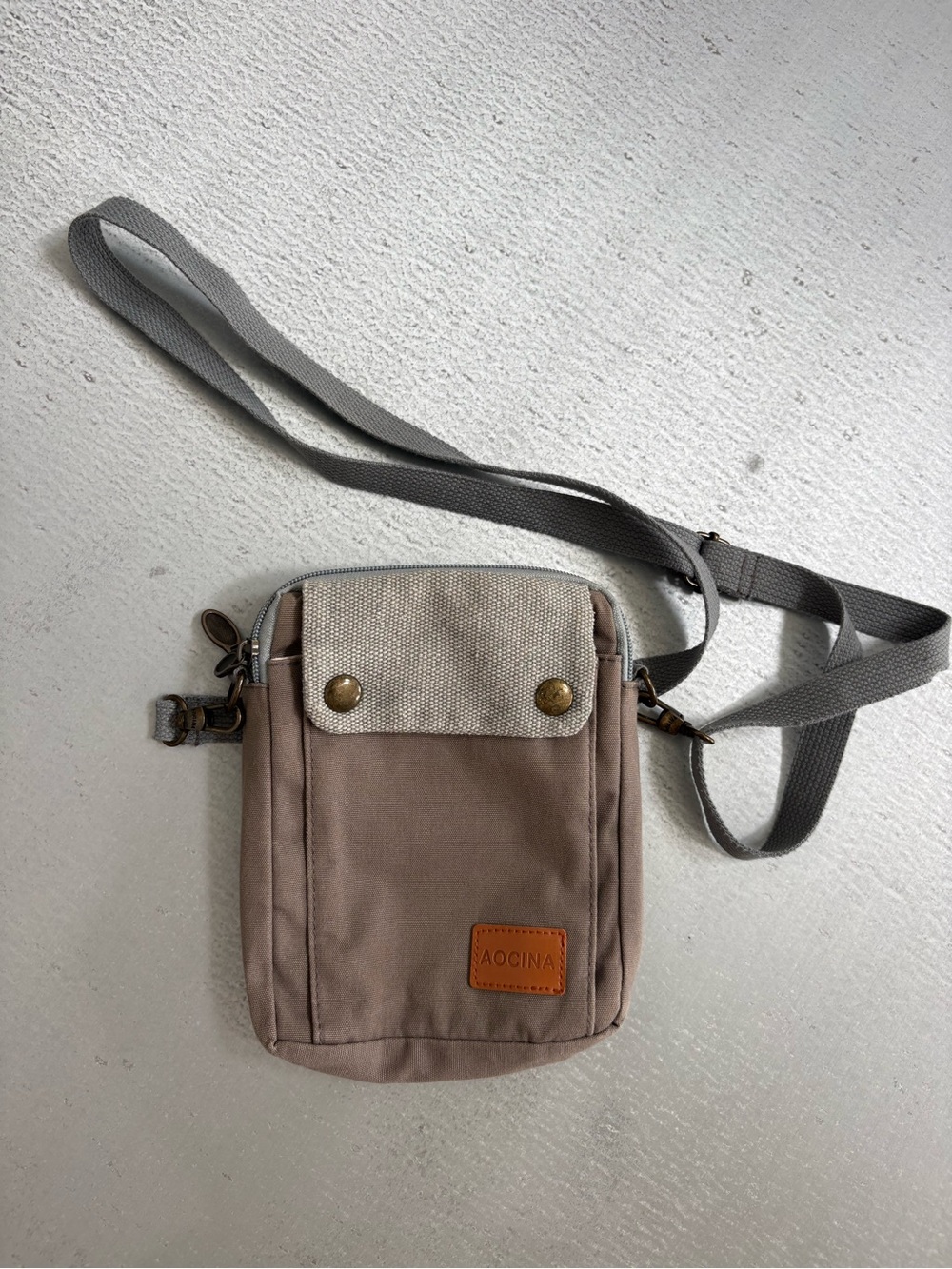 Taupe Crossbody Pouch with Gray Strap